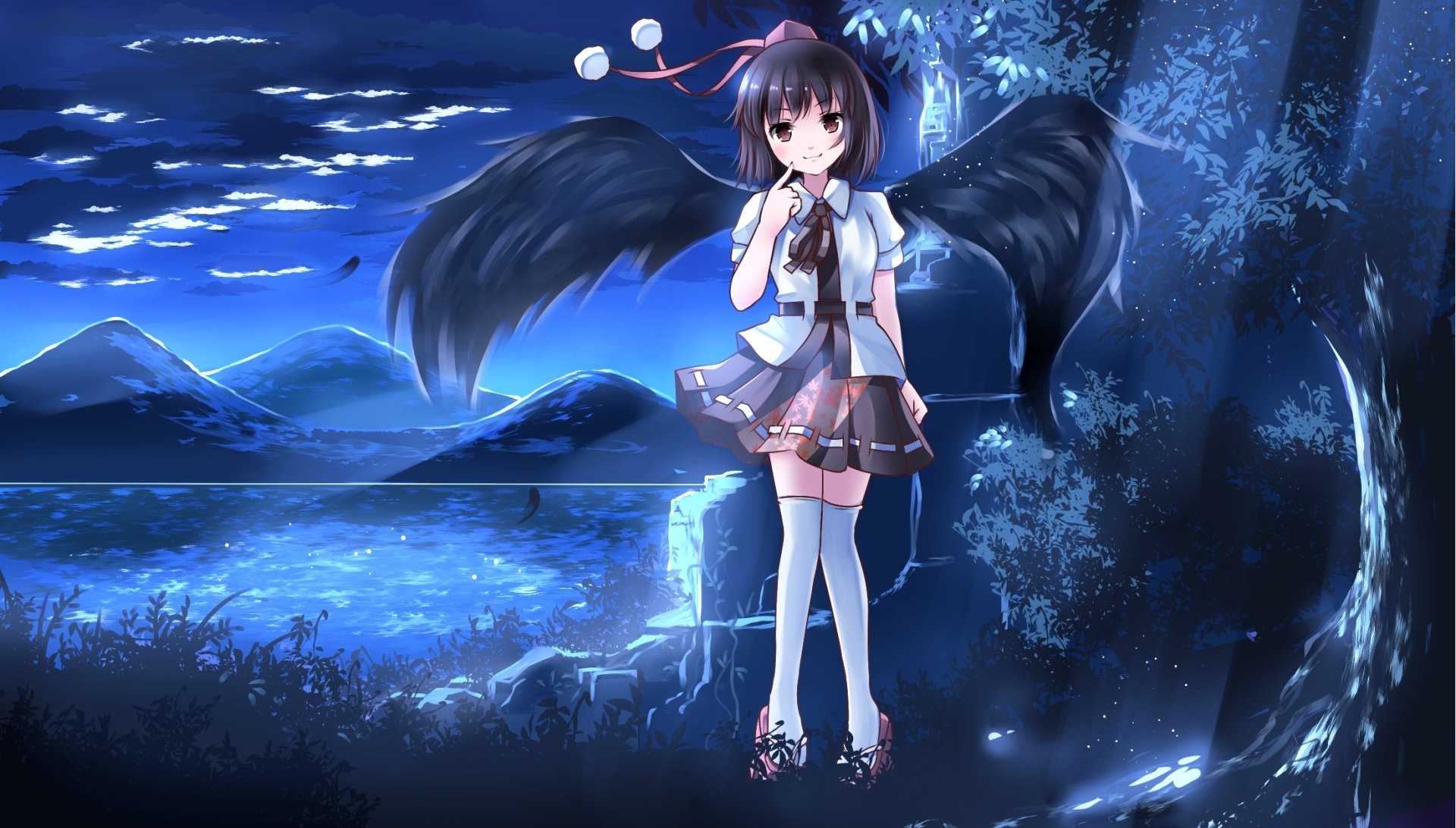 HD PC desktop wallpaper featuring Aya Shameimaru from the Touhou anime series, depicted with black wings standing in a moonlit, mystical landscape.