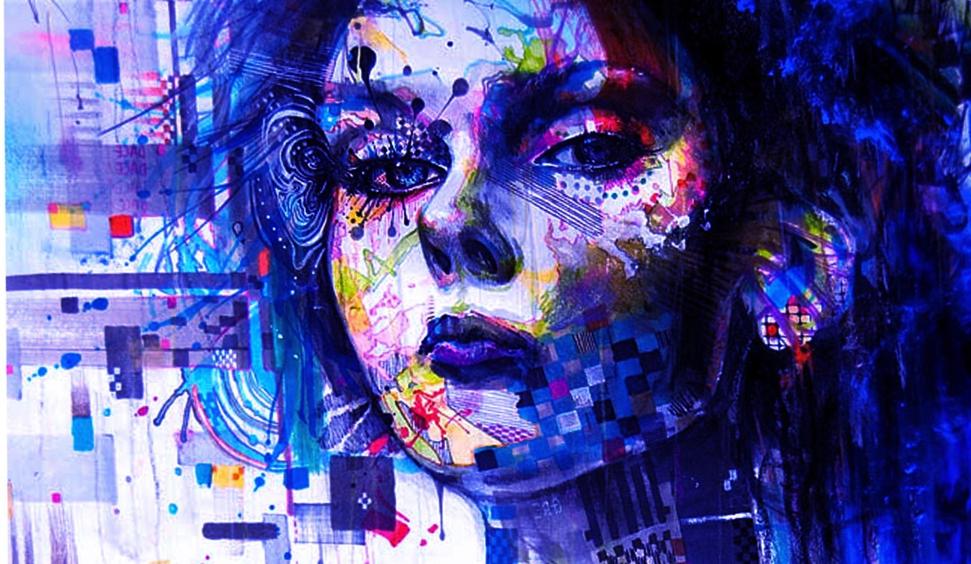 Artistic drawing of a woman's face in vivid blues and multicolor pixels; high‑detail HD PC desktop wallpaper/background with abstract digital brushstrokes and geometric accents.