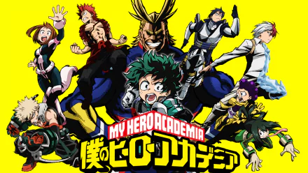 HD wallpaper featuring characters from My Hero Academia: Shoto Todoroki, Minoru Mineta, Eijiro Kirishima, Tsuyu Asui, Ochaco Uraraka, Tenya Iida, Katsuki Bakugou, All Might, and Izuku Midoriya.
