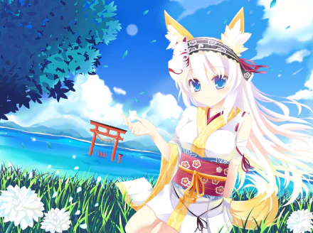 HD PC desktop wallpaper: anime girl with white hair and fox ears in a colorful kimono, standing in a grassy seaside field with a red torii gate under a bright blue sky.