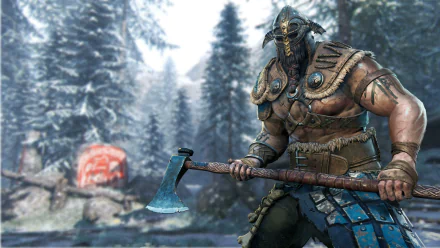 A fierce Viking warrior from For Honor, wearing a detailed helmet and wielding an axe, stands against a snowy backdrop, ready for battle in this HD desktop wallpaper.
