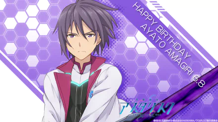 HD wallpaper featuring Ayato Amagiri from Gakusen Toshi Asterisk with a birthday greeting. The dynamic design showcases the anime's vibrant colors and themes.