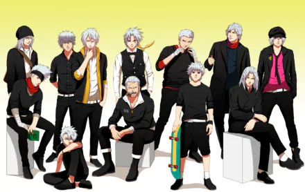 A high-definition crossover wallpaper featuring characters like Sephiroth, Dante, Killua Zoldyck, and Kakashi Hatake, showcasing a dynamic group of iconic anime figures.