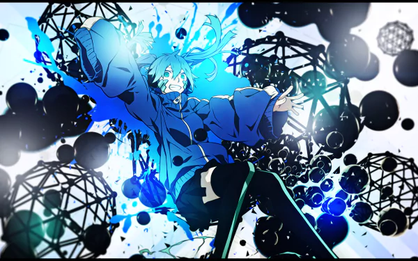 HD PC desktop wallpaper featuring Takane 'Ene' Enomoto from the anime Kagerou Project surrounded by abstract black and blue geometric shapes.