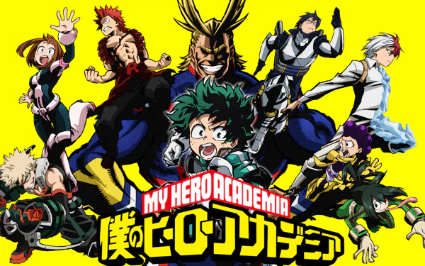 HD wallpaper featuring characters from My Hero Academia: Shoto Todoroki, Minoru Mineta, Eijiro Kirishima, Tsuyu Asui, Ochaco Uraraka, Tenya Iida, Katsuki Bakugou, All Might, and Izuku Midoriya.