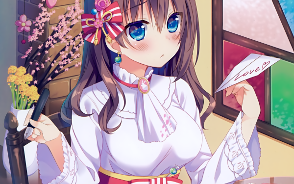 Anime Original Japanese Clothes Yukata Letter Pen Long Hair Brown Hair Blush Blue Eyes Flower bow HD Wallpaper | Background Image