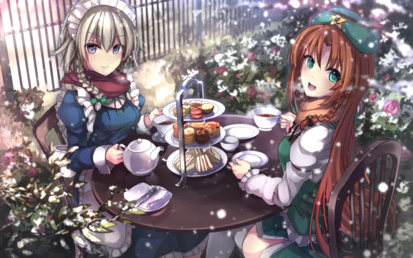 HD PC Touhou desktop wallpaper: Hong Meiling and Sakuya Izayoi share tea and pastries at a flower-surrounded table, detailed anime-style characters bathed in soft winter light.