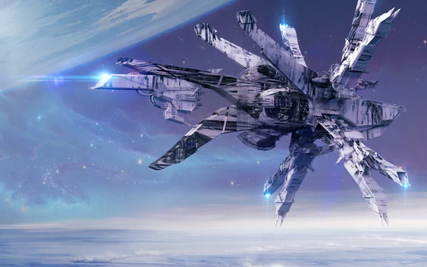 A futuristic spaceship soars through a cosmic landscape, surrounded by vibrant colors and celestial elements, showcasing a stunning sci-fi design in 4K Ultra HD.