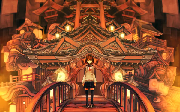 Anime-style original HD desktop wallpaper depicting a girl standing on a bridge facing an intricate, warmly lit traditional Japanese building.
