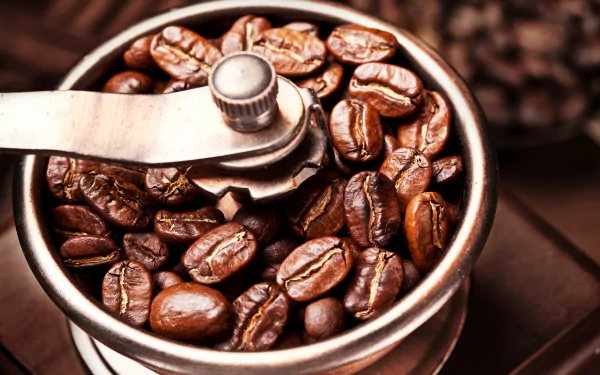 Close-up of roasted coffee beans inside a metal grinder, captured in sharp detail for a 4K Ultra HD PC desktop wallpaper and background.