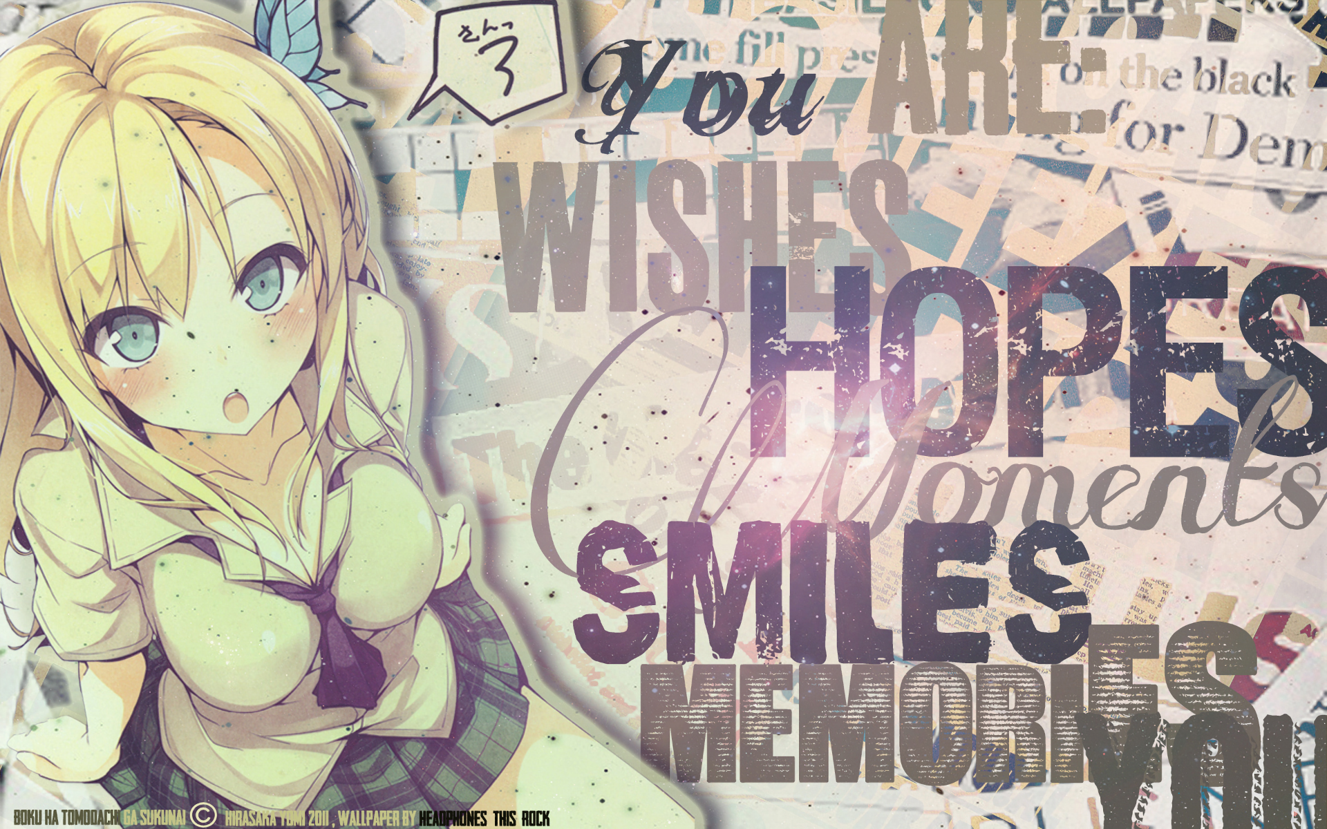 A vibrant HD wallpaper featuring Sena Kashiwazaki from the anime Boku Wa Tomodachi Ga Sukunai, surrounded by words celebrating wishes, hopes, and memories.