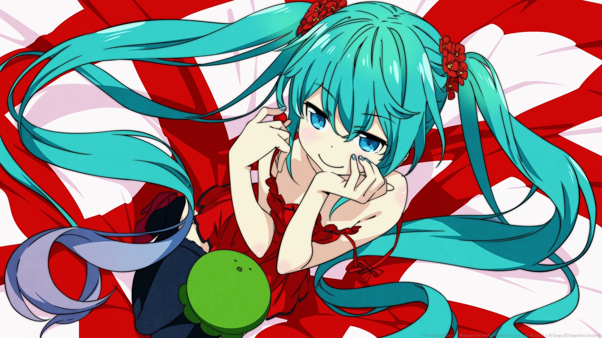 Anime-style HD desktop wallpaper featuring Hatsune Miku with long blue twintails, blue eyes, a red dress, and a smile, embodying the Vocaloid character's vibrant charm.