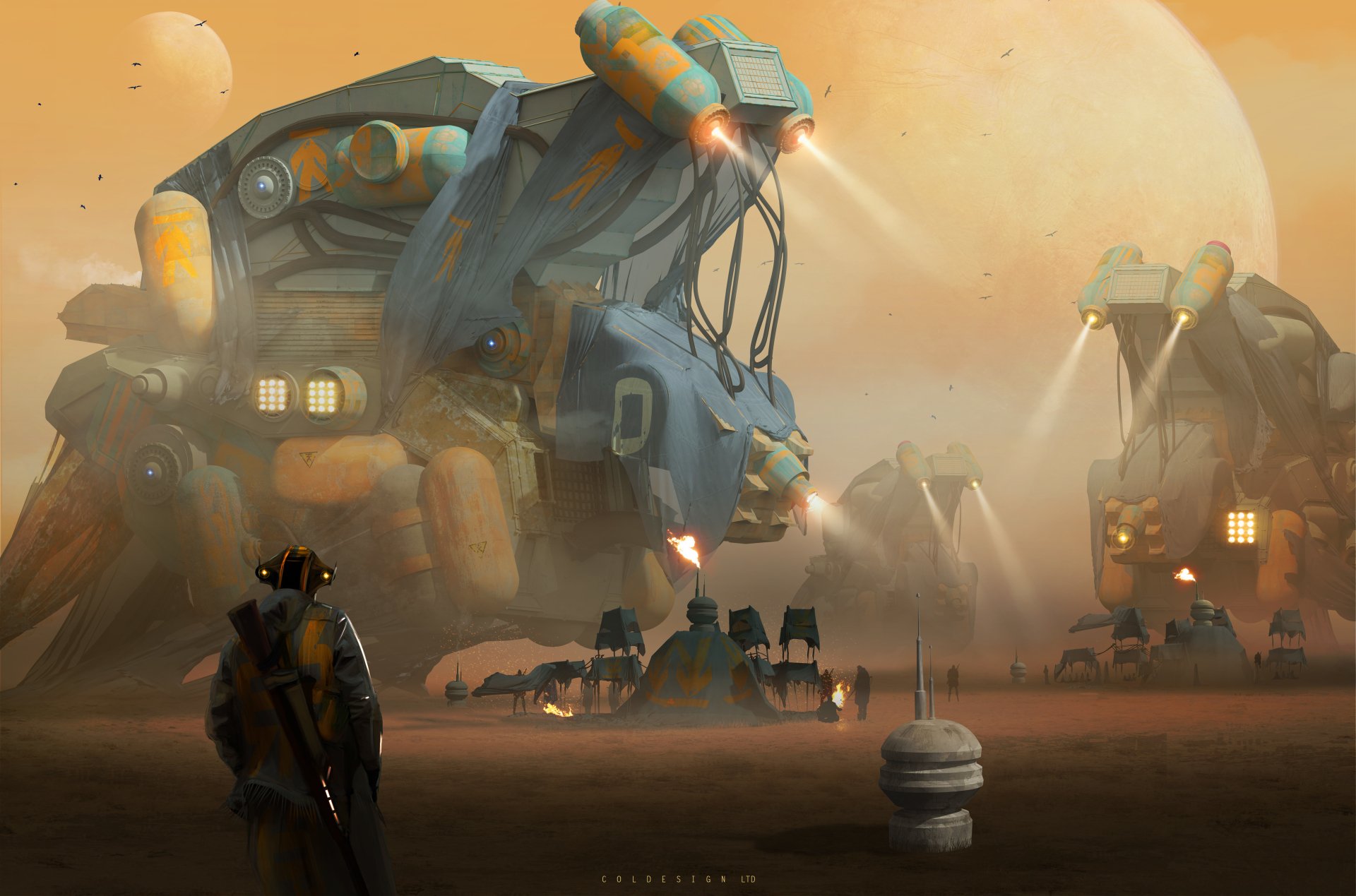 A sci-fi desert scene featuring a warrior observing massive, futuristic vehicles under a hazy, orange sky in 4K Ultra HD detail.