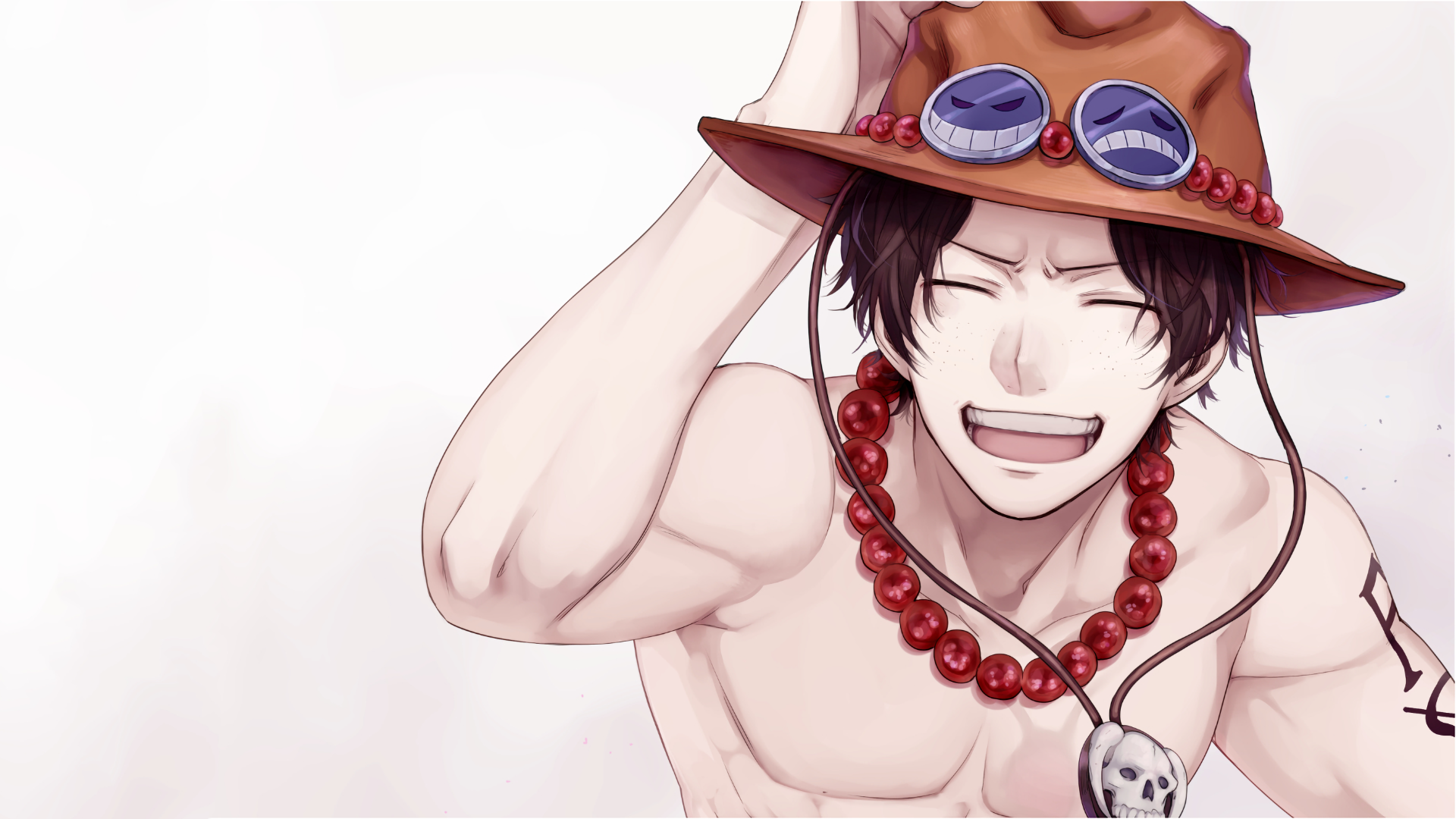 A vibrant HD desktop wallpaper featuring Portgas D. Ace from the anime One Piece, showcasing him with a cheerful smile, wearing his signature hat and accessories.