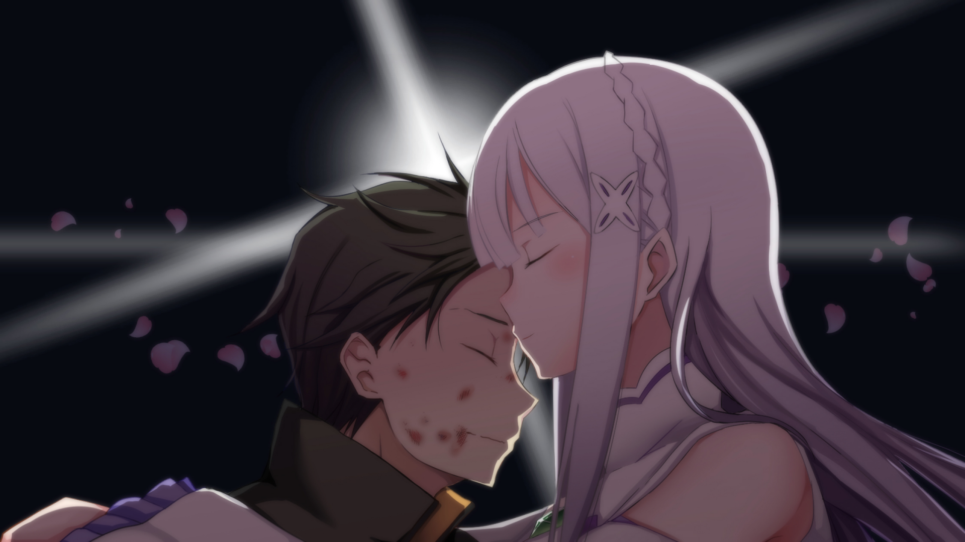 A touching moment between Subaru Natsuki and Emilia from Re:ZERO - Starting Life in Another World, captured in this HD anime wallpaper, emphasizing their deep bond.
