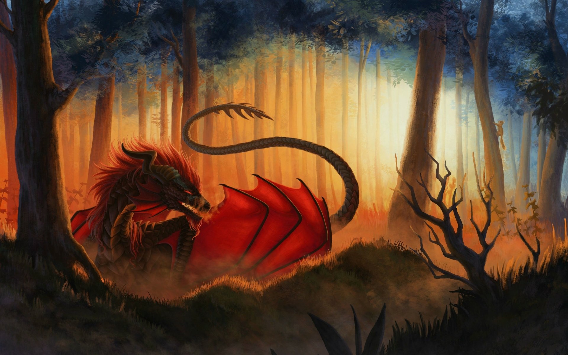 HD fantasy PC desktop wallpaper featuring a fierce red dragon resting in a mystical forest at sunset, surrounded by tall trees and glowing light.