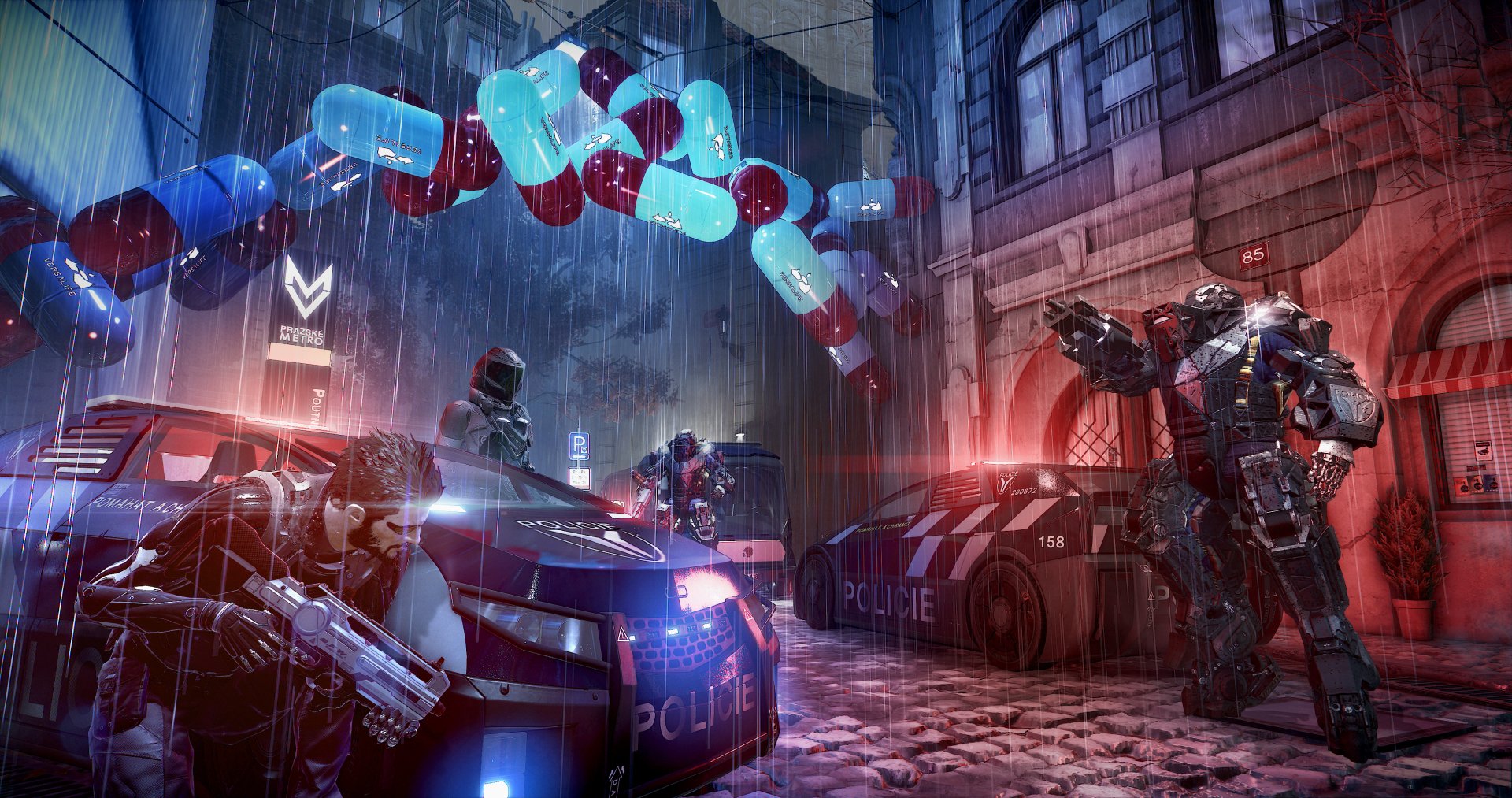 4K Ultra HD desktop wallpaper of Adam Jensen from the video game Deus Ex: Mankind Divided — rain-soaked cyberpunk street standoff with police cars, armored soldiers, and neon-lit cityscape.