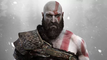 HD desktop wallpaper from the video game God of War (2018), featuring Kratos with his iconic red markings, intense expression, and armored shoulder.