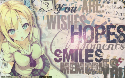 A vibrant HD wallpaper featuring Sena Kashiwazaki from the anime Boku Wa Tomodachi Ga Sukunai, surrounded by words celebrating wishes, hopes, and memories.
