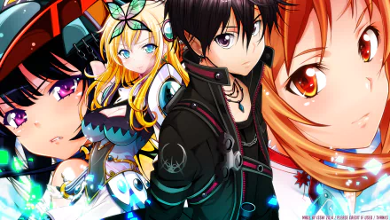 HD anime crossover desktop wallpaper featuring Yozora Mikazuki, Sena Kashiwazaki, Kazuto Kirigaya, and Asuna Yuuki in vibrant detail.