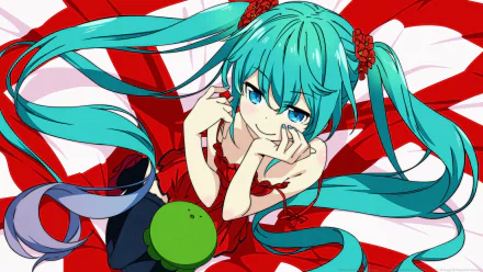 Anime-style HD desktop wallpaper featuring Hatsune Miku with long blue twintails, blue eyes, a red dress, and a smile, embodying the Vocaloid character's vibrant charm.