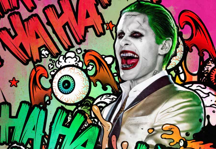 HD wallpaper featuring Jared Leto as the Joker from the movie Suicide Squad, with colorful comic-style graphics and HA HA text in the background.