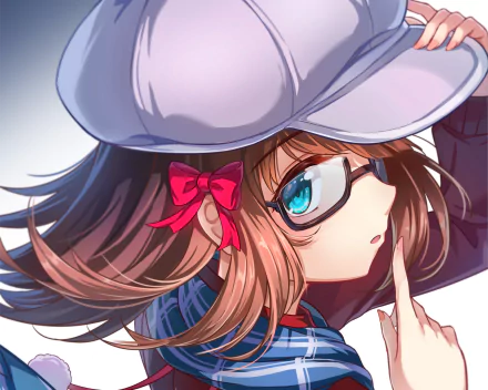 HD anime wallpaper of Haruka Amami from The iDOLM@STER, featuring her short brown hair, blue eyes, glasses, a hat, scarf, and a red bow accessory.