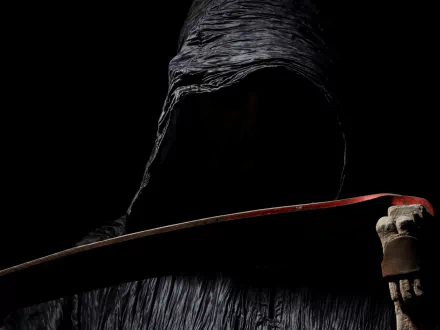 HD desktop wallpaper featuring a dark, hooded grim reaper shrouded in black, holding a blood-stained scythe against a pitch-black background.