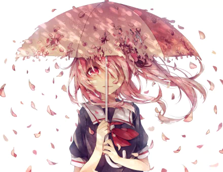 A girl with long pink hair and pink eyes, dressed in a school uniform, holds an umbrella amidst falling petals, evoking a serene yet emotional atmosphere. From Kantai Collection.