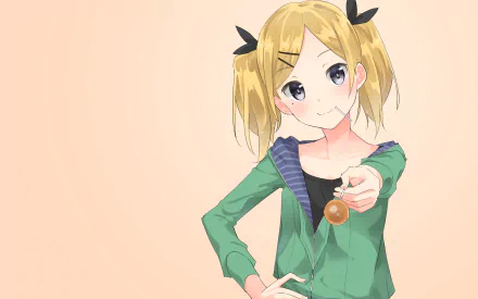 Erika Yano from the anime Shirobako, depicted in a colorful HD desktop wallpaper with a light peach background.