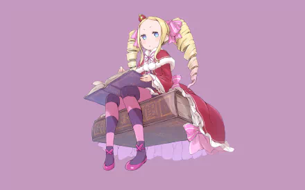 A colorful HD desktop wallpaper featuring Beatrice from *Re:ZERO - Starting Life in Another World*, depicted sitting with a book against a soft purple background.
