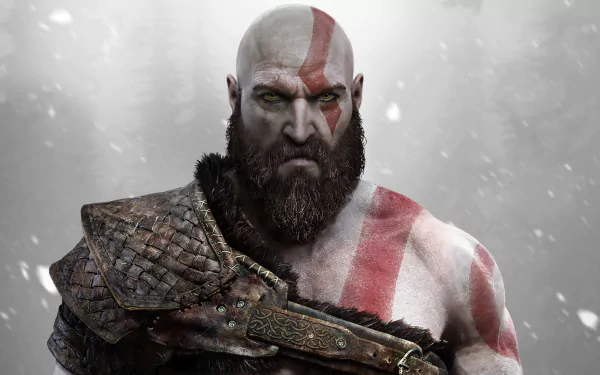 HD desktop wallpaper from the video game God of War (2018), featuring Kratos with his iconic red markings, intense expression, and armored shoulder.