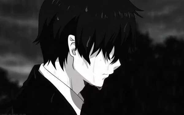 A close-up of Rin Okumura from Ao No Exorcist, depicting his black hair and a sad expression in the rain, capturing the emotive tone of this anime series. HD wallpaper quality.
