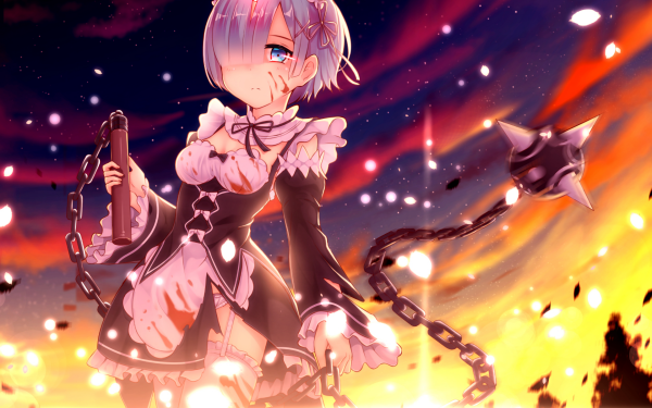 Anime Re:ZERO -Starting Life in Another World- Rem Weapon Chain Blue Eyes Blue Hair Horns Night Maid Short Hair HD Wallpaper | Background Image