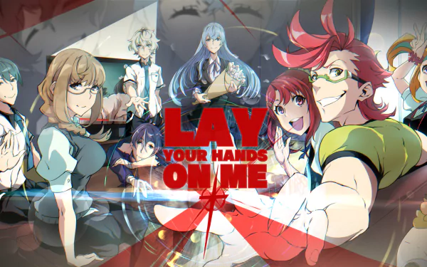 An HD desktop wallpaper featuring characters from the anime Kiznaiver, including Tsuguhito Yuta, Hajime Tenga, and Noriko Sonozaki, with the text LAY YOUR HANDS ON ME.