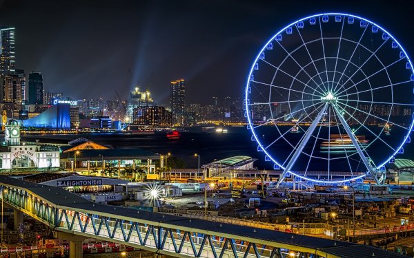 Man Made Hong Kong Cities China City Night Ferris Wheel Cityscape Building HD Wallpaper | Background Image