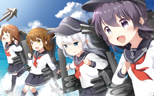 HD anime wallpaper featuring Ikazuchi, Inazuma, Hibiki, and Akatsuki from Kantai Collection in dynamic poses against a bright sky background.