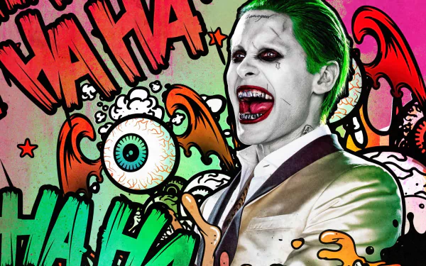 HD wallpaper featuring Jared Leto as the Joker from the movie Suicide Squad, with colorful comic-style graphics and HA HA text in the background.