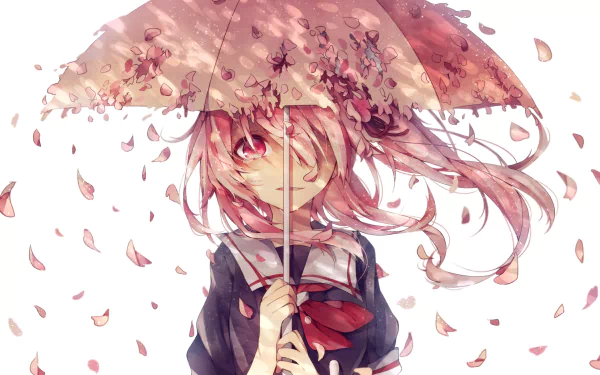 A girl with long pink hair and pink eyes, dressed in a school uniform, holds an umbrella amidst falling petals, evoking a serene yet emotional atmosphere. From Kantai Collection.