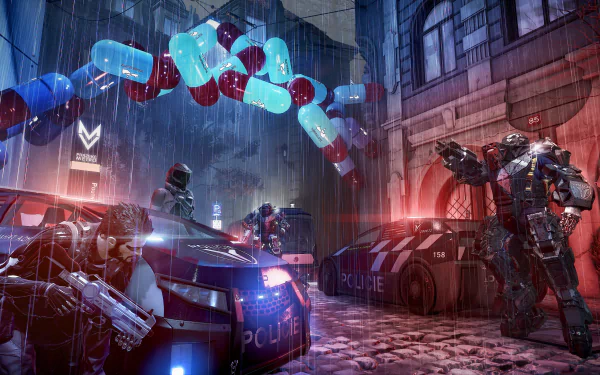 4K Ultra HD desktop wallpaper of Adam Jensen from the video game Deus Ex: Mankind Divided — rain-soaked cyberpunk street standoff with police cars, armored soldiers, and neon-lit cityscape.