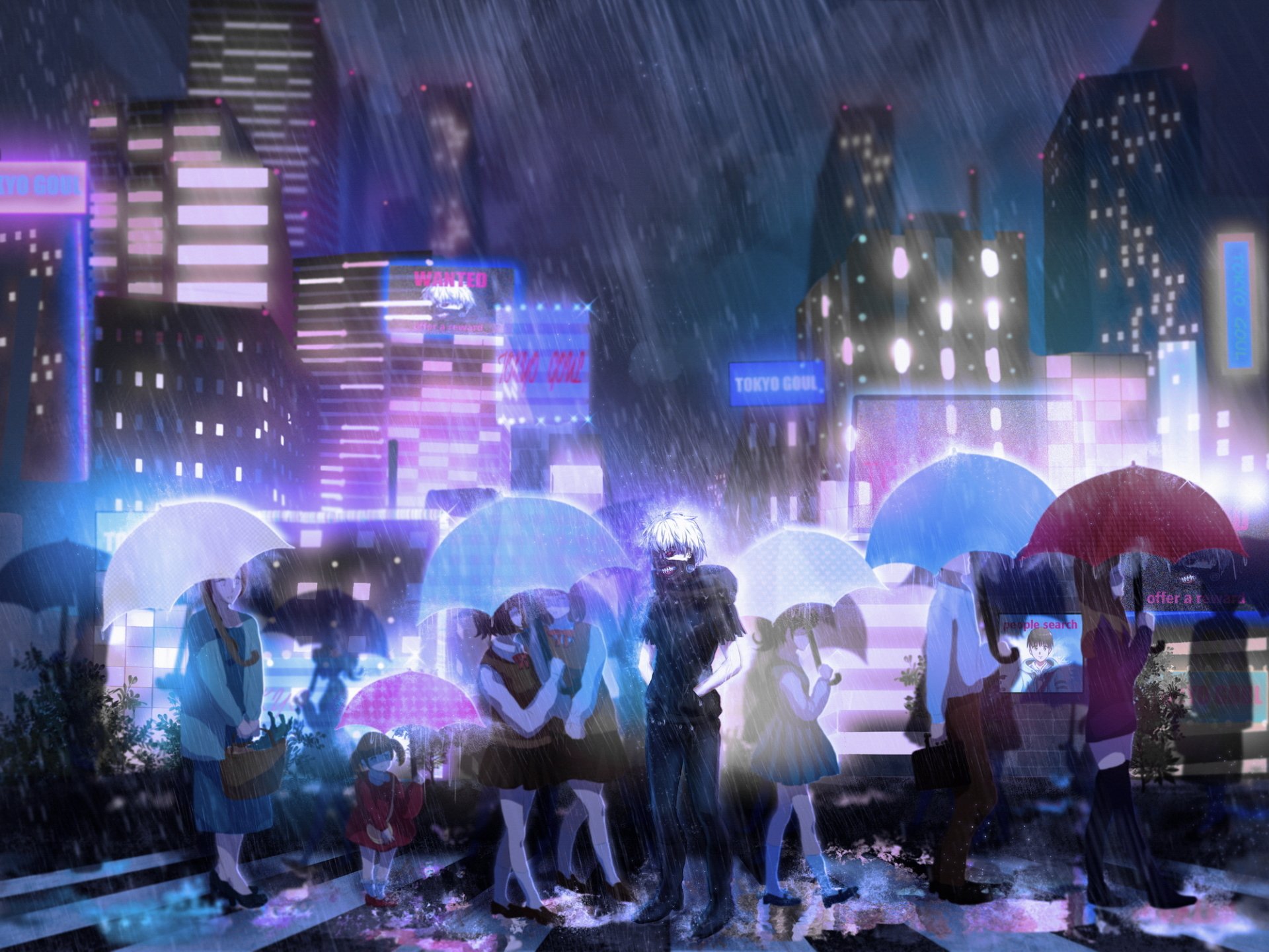 A vibrant HD wallpaper featuring Ken Kaneki from Tokyo Ghoul, set in a rainy cityscape filled with colorful umbrellas and glowing lights.