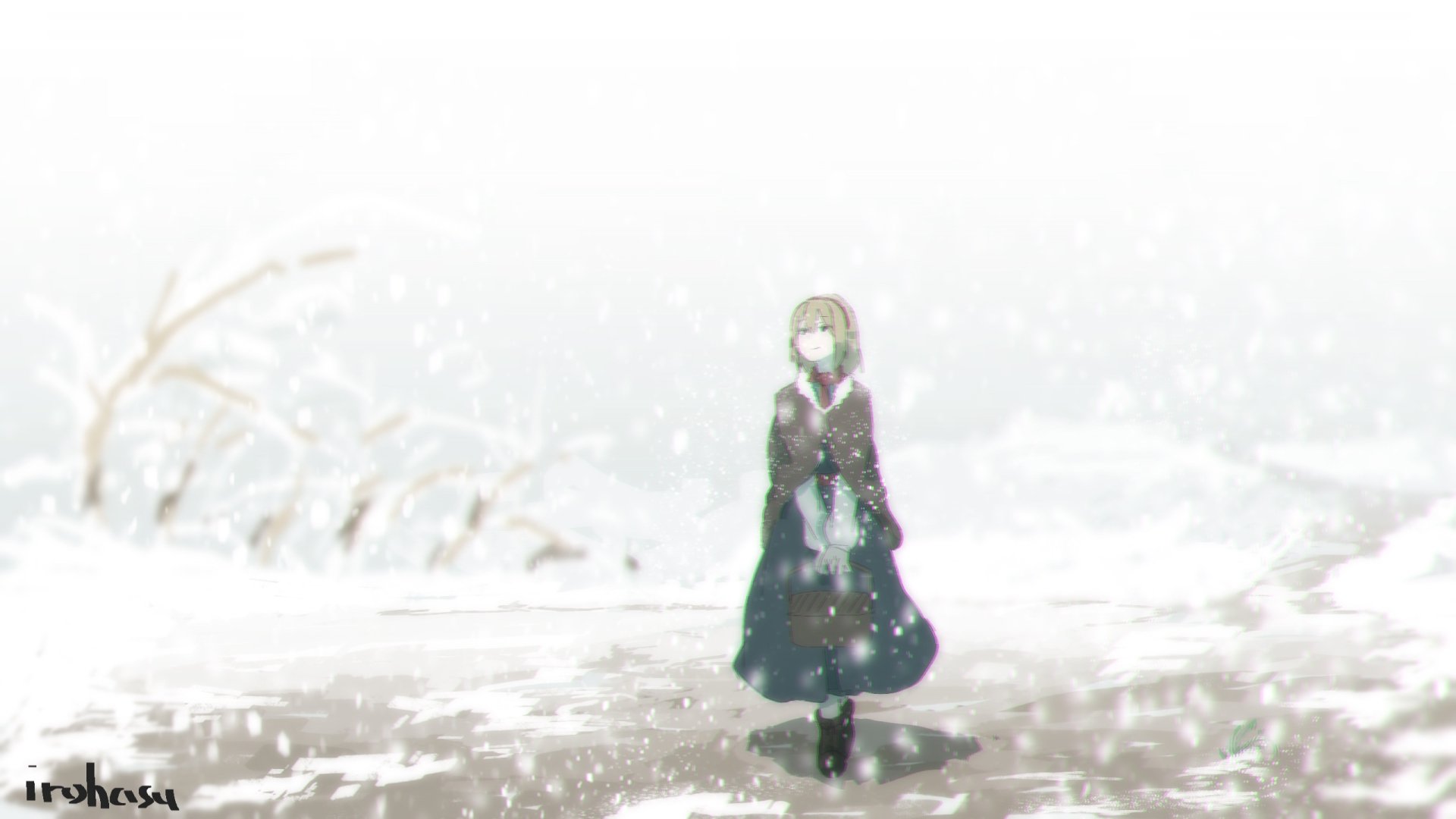 HD anime wallpaper featuring Alice Margatroid from Touhou, standing alone in a snowy winter landscape with soft, falling snowflakes.