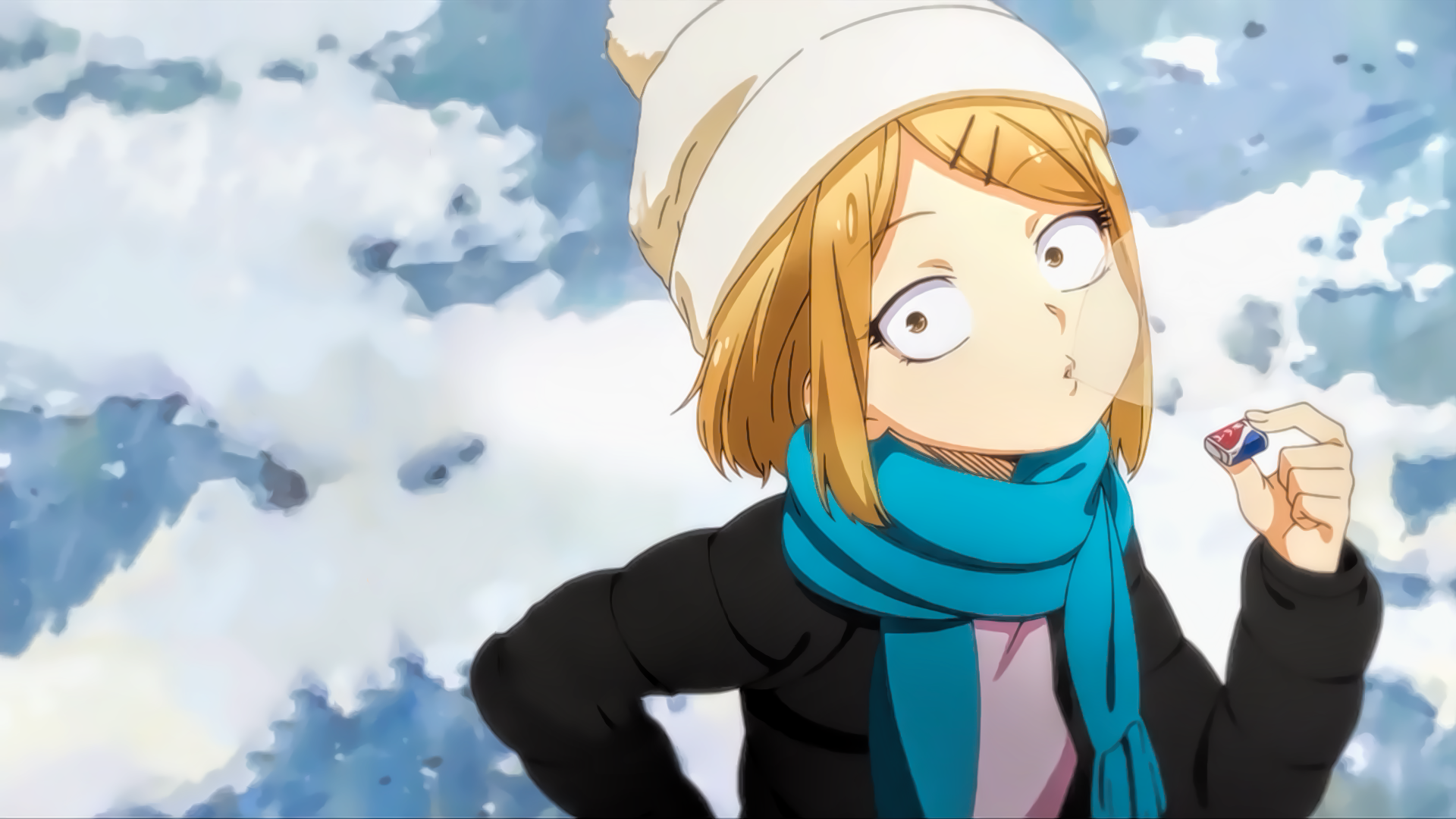 A vibrant HD wallpaper featuring Endou Saya from the anime Dagashi Kashi, set against a snowy backdrop, showcasing her playful expression and colorful attire.