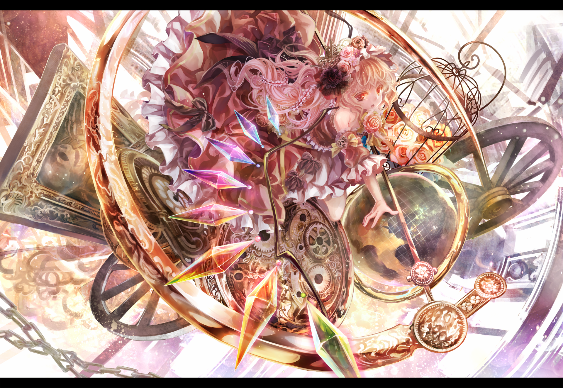 HD anime desktop wallpaper featuring Flandre Scarlet from Touhou, surrounded by intricate clockwork and ethereal glowing effects in a dynamic composition.