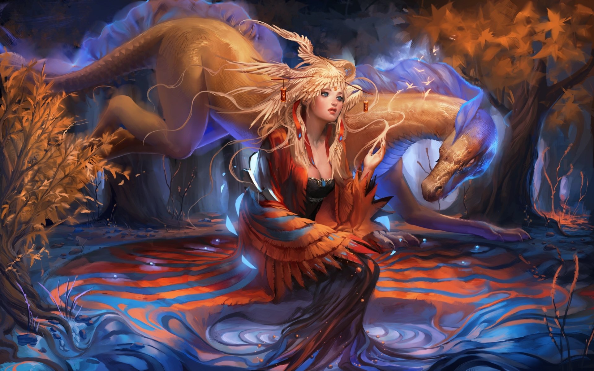 A fantasy scene features a woman with flowing hair, surrounded by vibrant colors and a dragon. This enchanting artwork serves as a captivating HD desktop wallpaper and background.