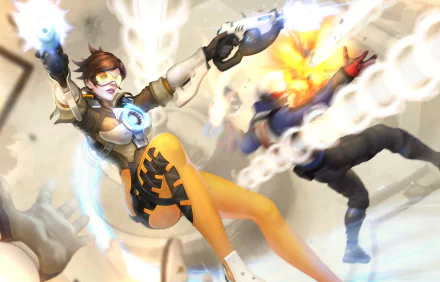 HD PC desktop wallpaper featuring Tracer and Soldier: 76 from the video game Overwatch in dynamic action poses with vibrant motion effects.