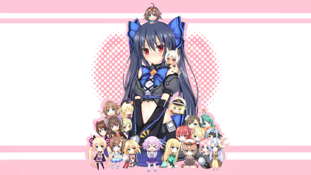 Colorful HD desktop wallpaper featuring characters from the video game Hyperdimension Neptunia, centered around a main character with a vibrant pink background.