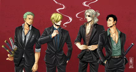 A stylish crossover wallpaper featuring characters Worick Arcangelo, Nicolas Brown, Sanji, and Roronoa Zoro from One Piece, set against a striking red background.