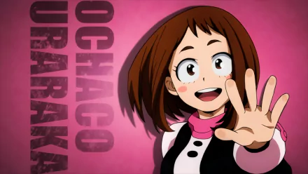 HD desktop wallpaper featuring Ochaco Uraraka from the anime My Hero Academia, with a vibrant pink background and her name displayed vertically.