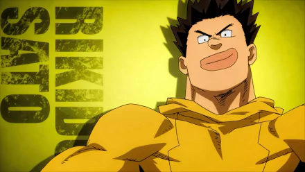A vibrant HD wallpaper featuring Riku Sato from the anime My Hero Academia, showcasing his confident expression against a bold yellow background.